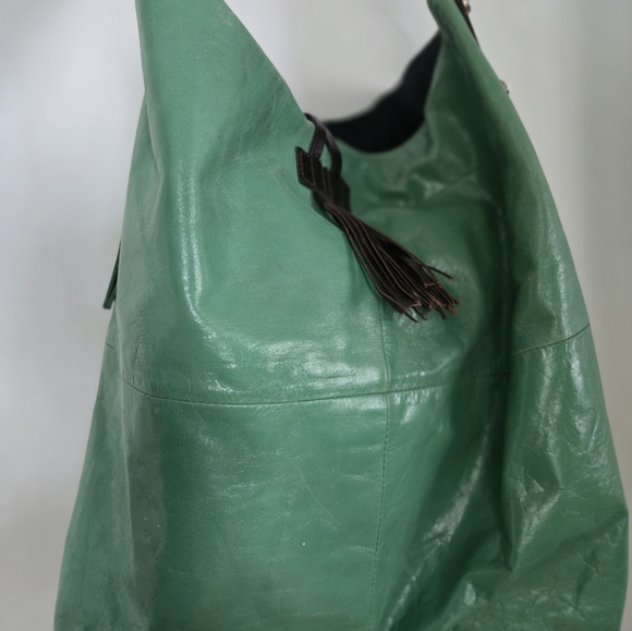 Tano Mint Green Leather Hobo Bag Tassel Whipstitch Handle Boho Slouchy - Picture 16 of 16